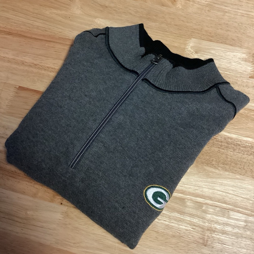Mens Cutter And Buck 100% Cotton Green Bay‎ Packers 1/2 Zip Sweater - Gray- Lg